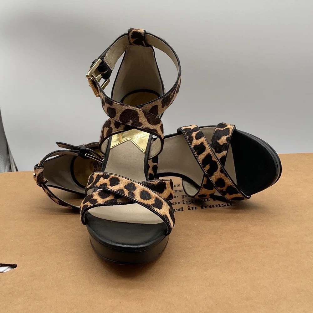 Michael Kors Leopard Calf Hair Platform Sandals Brown‎ Black Stiletto Heels 8M